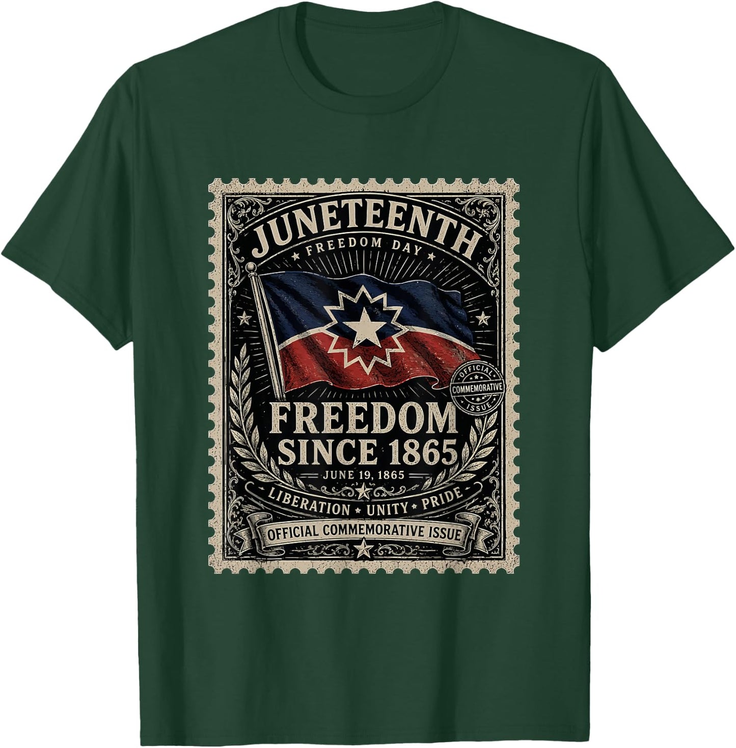 Distressed American Juneteenth Flag Colors Freedom Day Stamp T-Shirt - T-Shirt | Forest