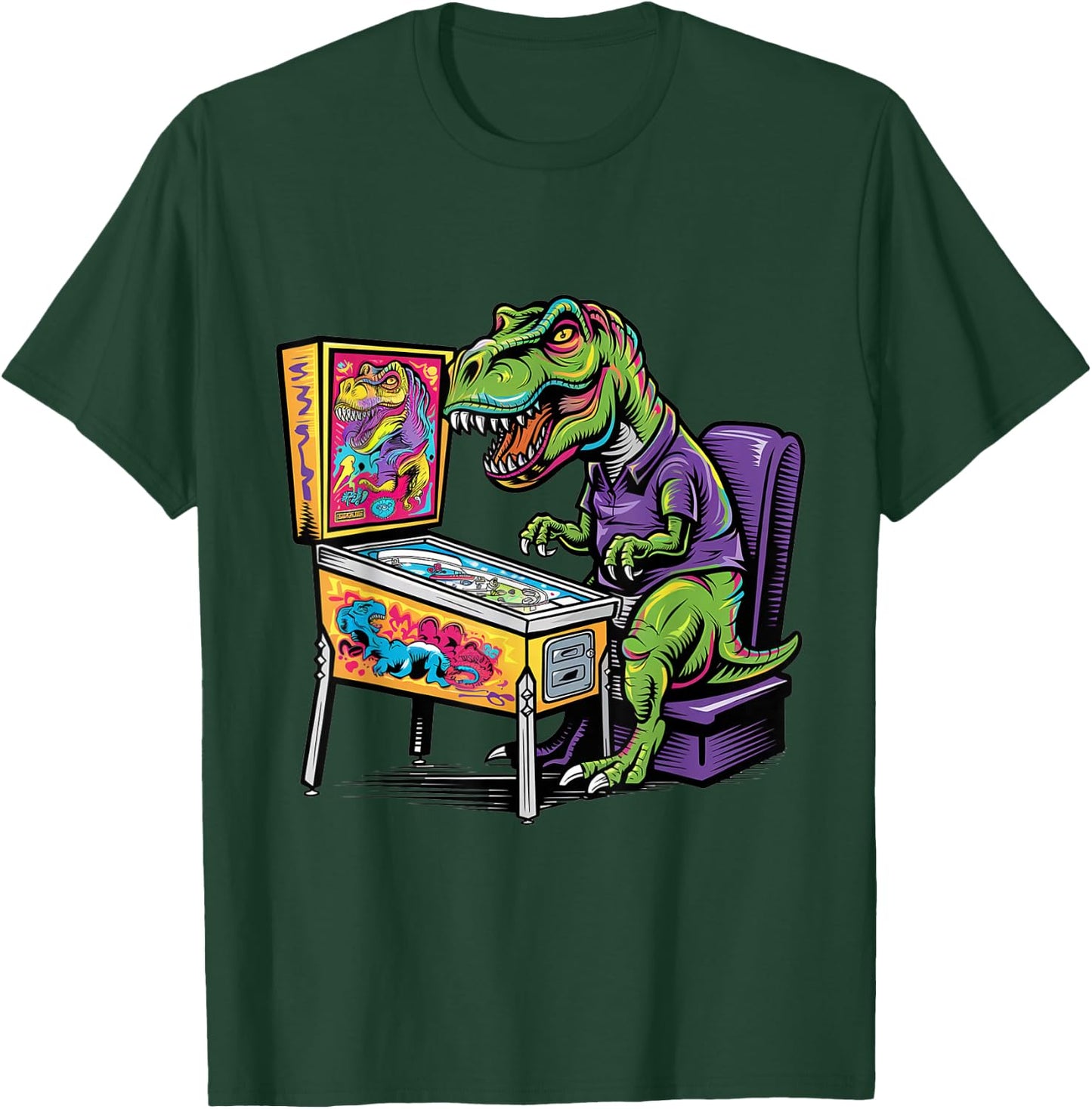 Funny T-rex Dinosaur Playing on Pinball Machine Retro Art T-Shirt - T-Shirt | Forest