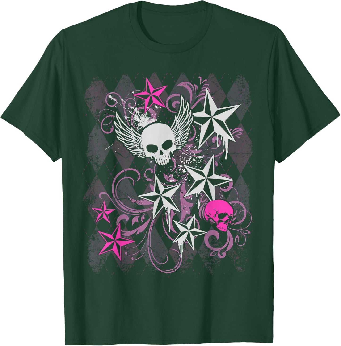 Y2k Grunge with Skull Wings Star Hot Pink 2000s Emo Teen T-Shirt - T-Shirt | Forest