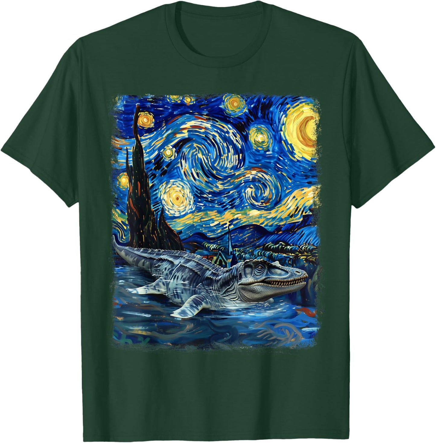 Mosasaurus Dinosaur Starry Night Painting T-Shirt - T-Shirt | Forest