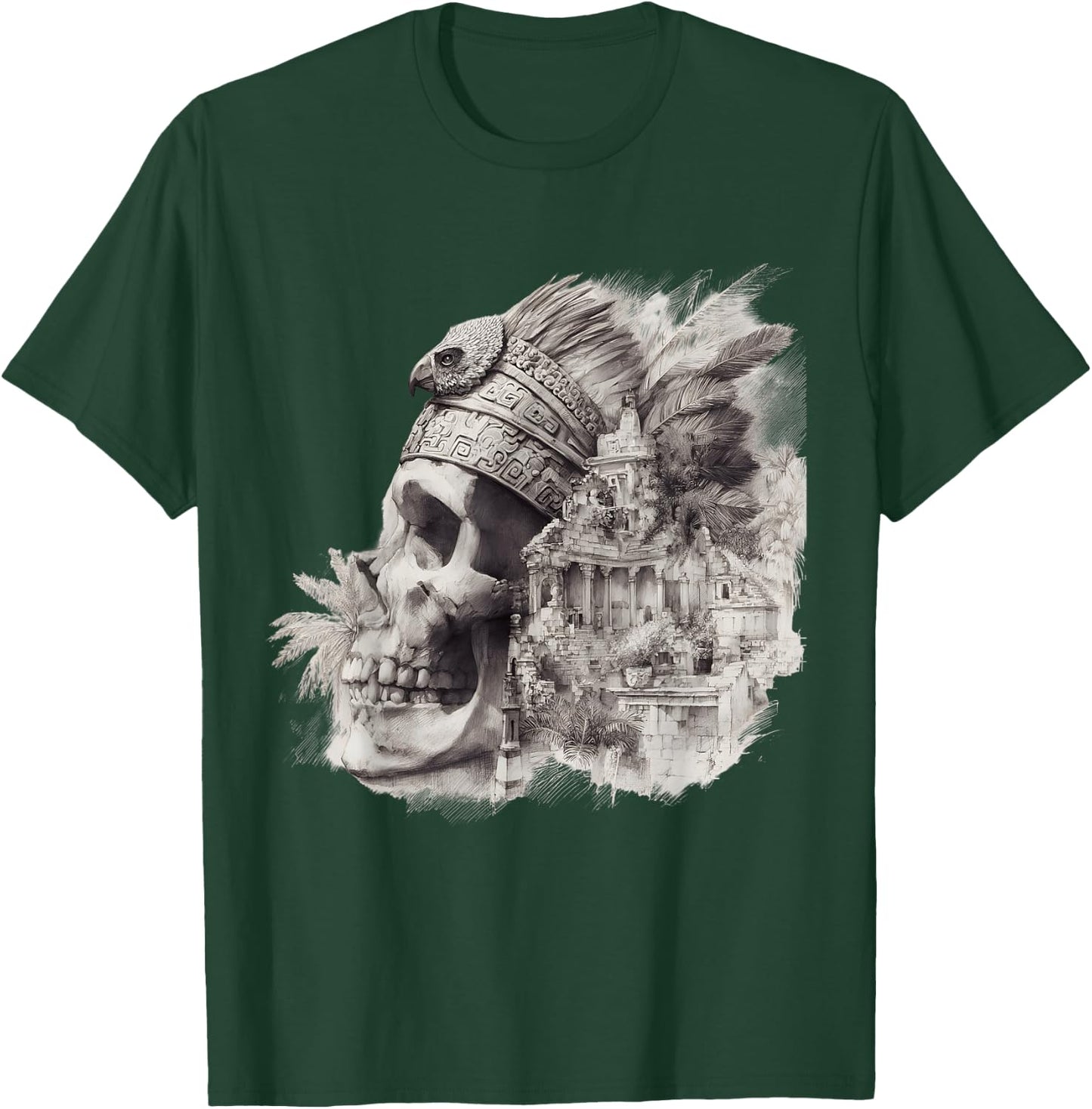 Mexican Maya Aztec Skull Native Maya Feathers Azteca T-Shirt - T-Shirt | Forest