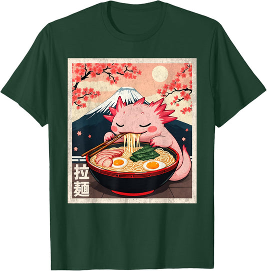 Kawaii Axolotl Eating Ramen Noodles Funny Anime Axolotl T-Shirt - T-Shirt | Forest
