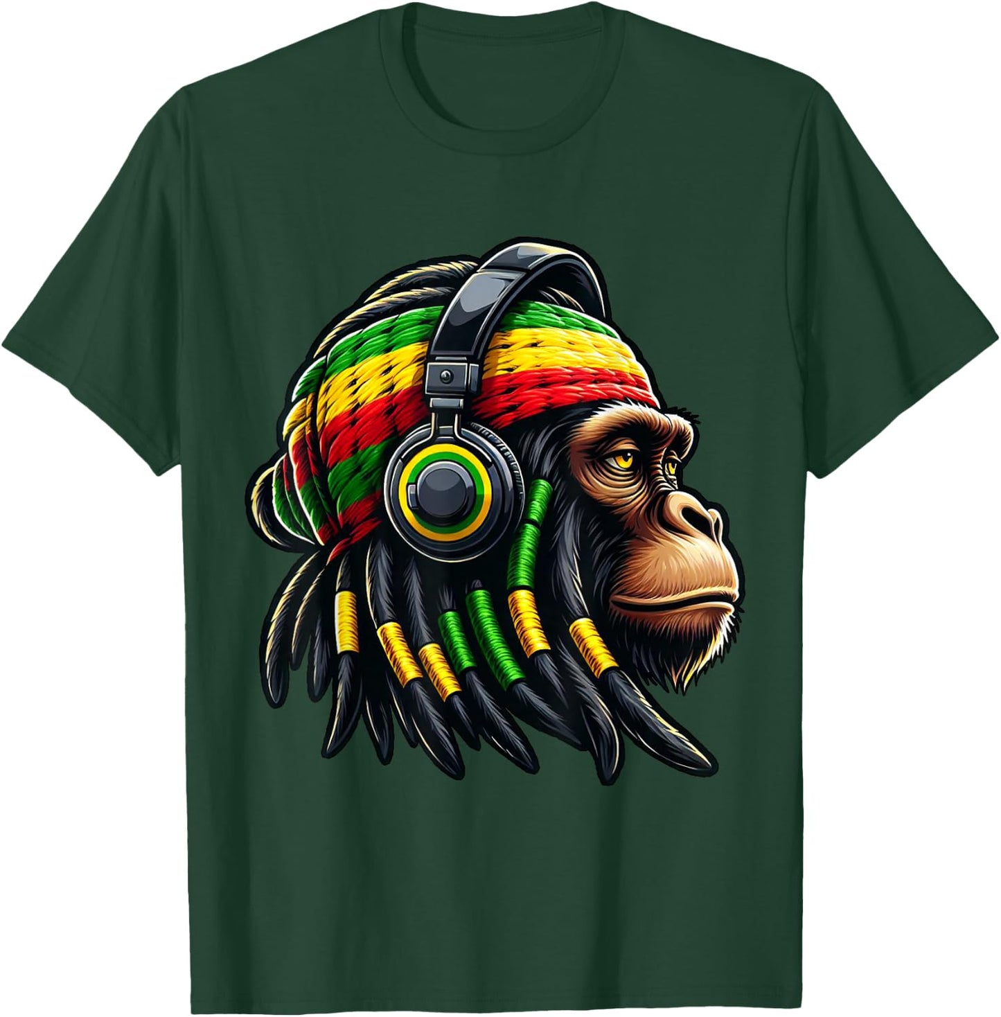 Jamaica Roots Reggae Chimpanzee Headphones Rastafari Monkey , black T-Shirt - T-Shirt | Forest