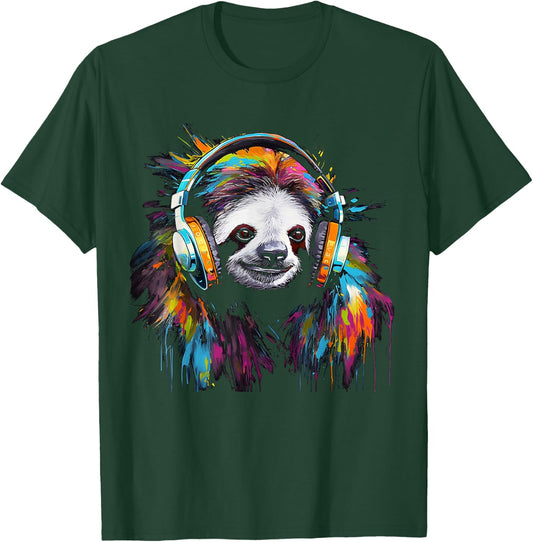 Sloth Artwork Music Animal Headphones Colourful Sloth T-Shirt - T-Shirt | Forest
