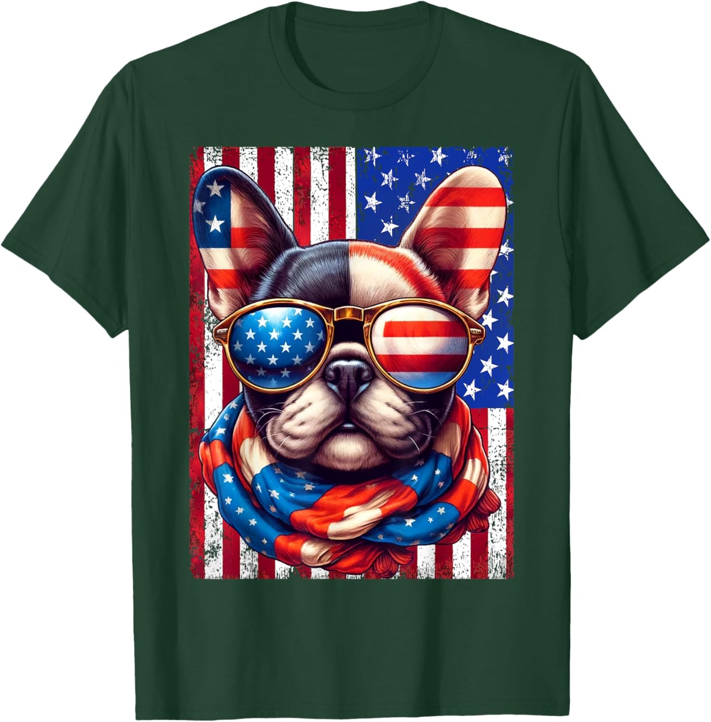 French Bulldog USA Flag Sunglasses 4th of July Patriotic Dog T-Shirt - T-Shirt | Forest