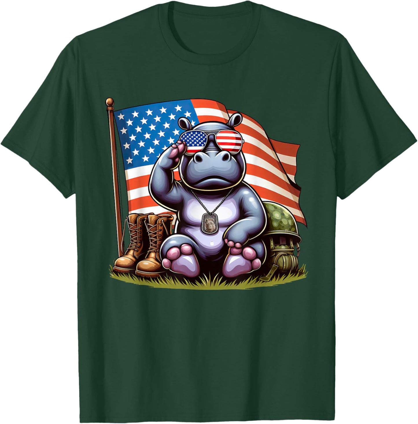 Salute Hippo American USA Flag Memorial Day 4th of July T-Shirt - T-Shirt | Forest