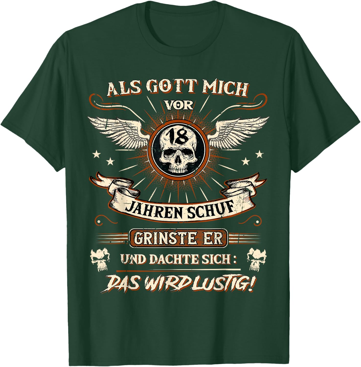 18th Birthday with German Text "Als Gott mich vor 18 Jahre schuf grinste er grins", black T-Shirt - T-Shirt | Forest