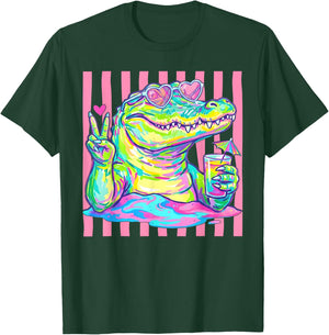 Preppy Alligator Heart Sunglasses Striped Aesthetic Summer T-Shirt - T-Shirt | Forest