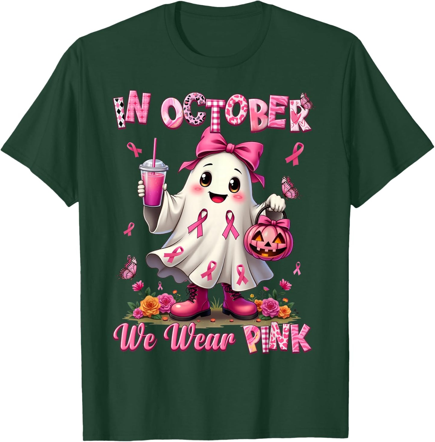 In October We Wear Pink Ghost Breast Cancer Awareness T-Shirt - T-Shirt | Forest