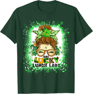 One Lucky Lunch Lady Messy Bun Irish St Patricks Day tie dye T-Shirt - T-Shirt | Forest