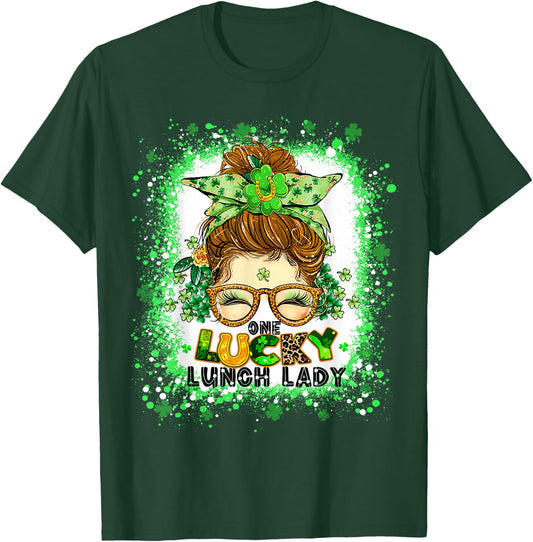 One Lucky Lunch Lady Messy Bun Irish St Patricks Day tie dye T-Shirt - T-Shirt | Forest