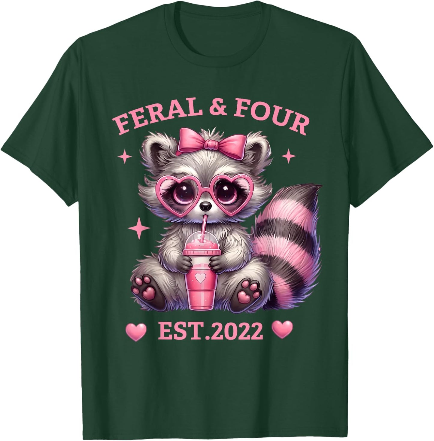 Feral and Four Est 2022 Pink Bow Cute Raccoon 4th Birthday T-Shirt - T-Shirt | Forest