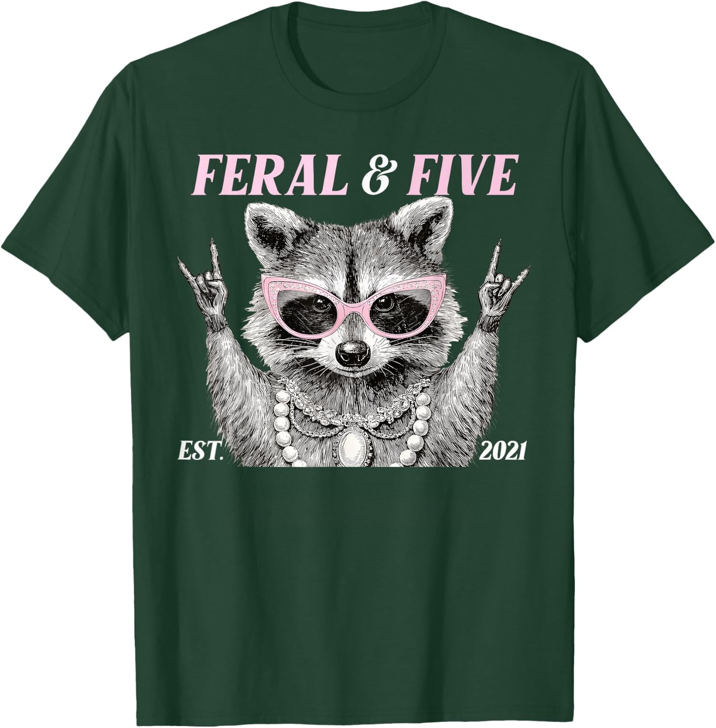Funny 5 Year Old Feral and Five Raccoon 5th Birthday Girl T-Shirt - T-Shirt | Forest