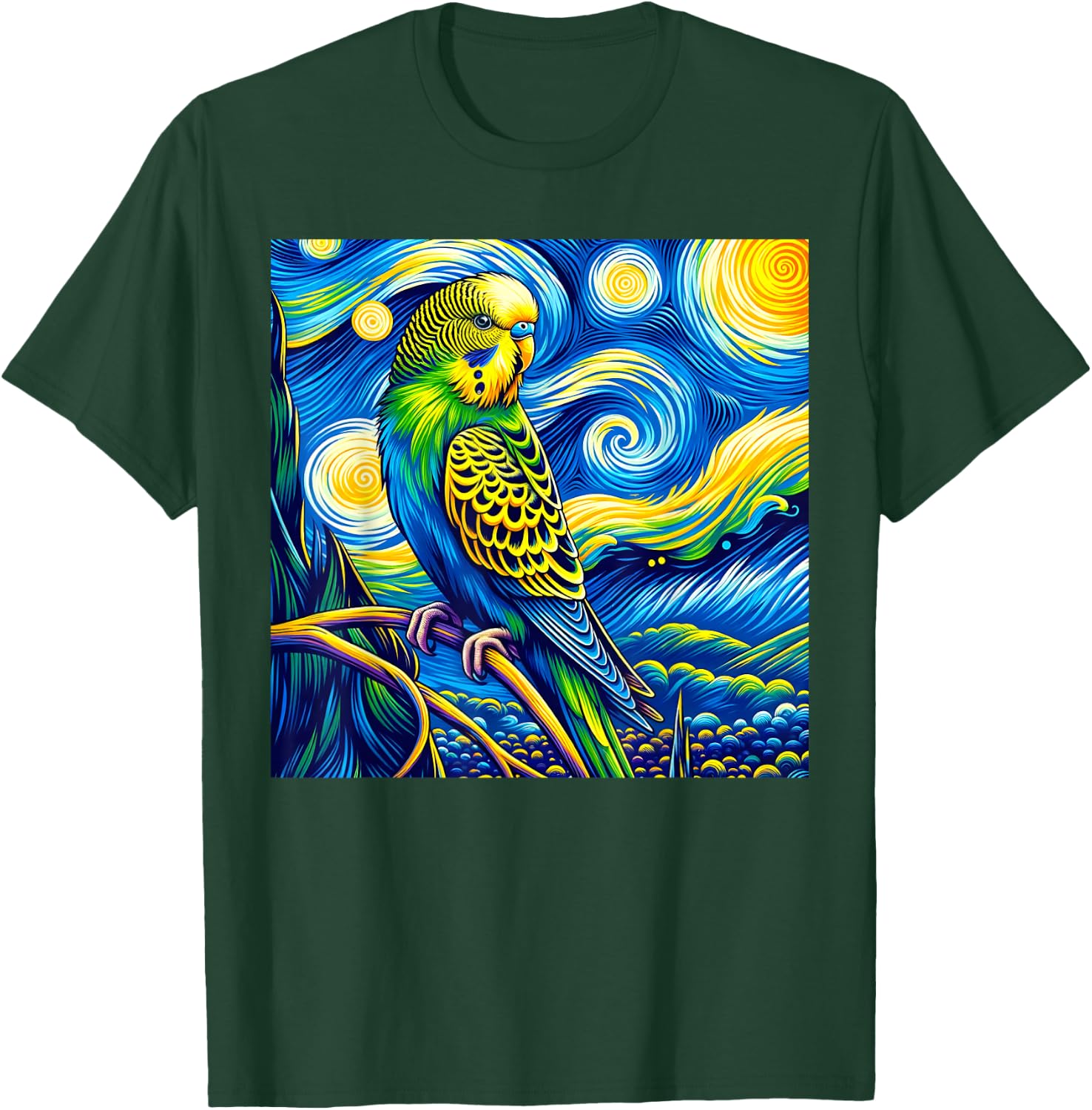 Budgie Parakeet Parrot Budgerigar Bird Starry Night Van Gogh T-Shirt - T-Shirt | Forest