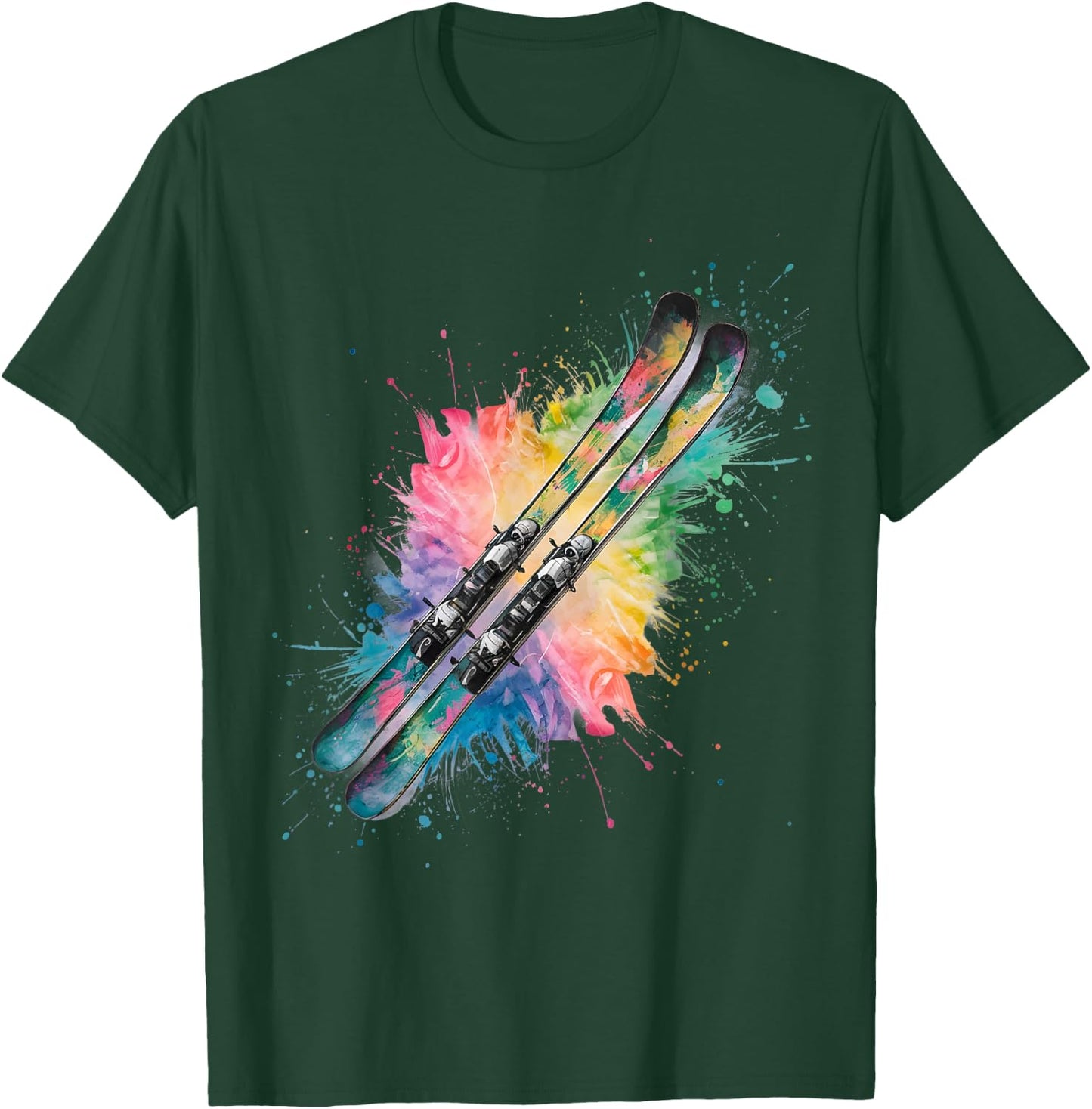 Skifahren Herren Damen Bunt Aquarell Skifahren T-Shirt - T-Shirt | Forest