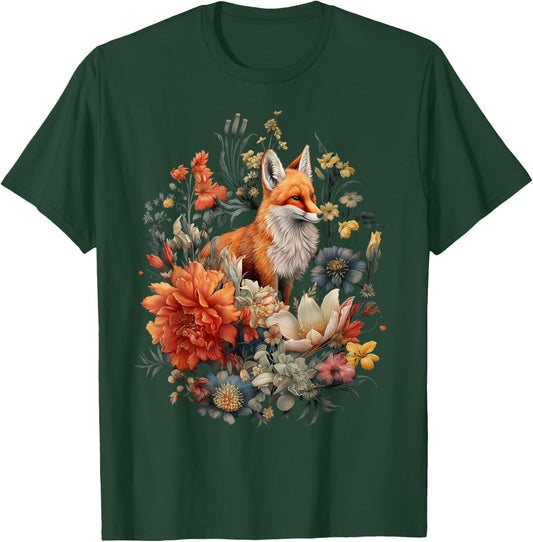 Fox Floral Garden Wildlife Nature Art Cottagecore Flowers T-Shirt - T-Shirt | Forest