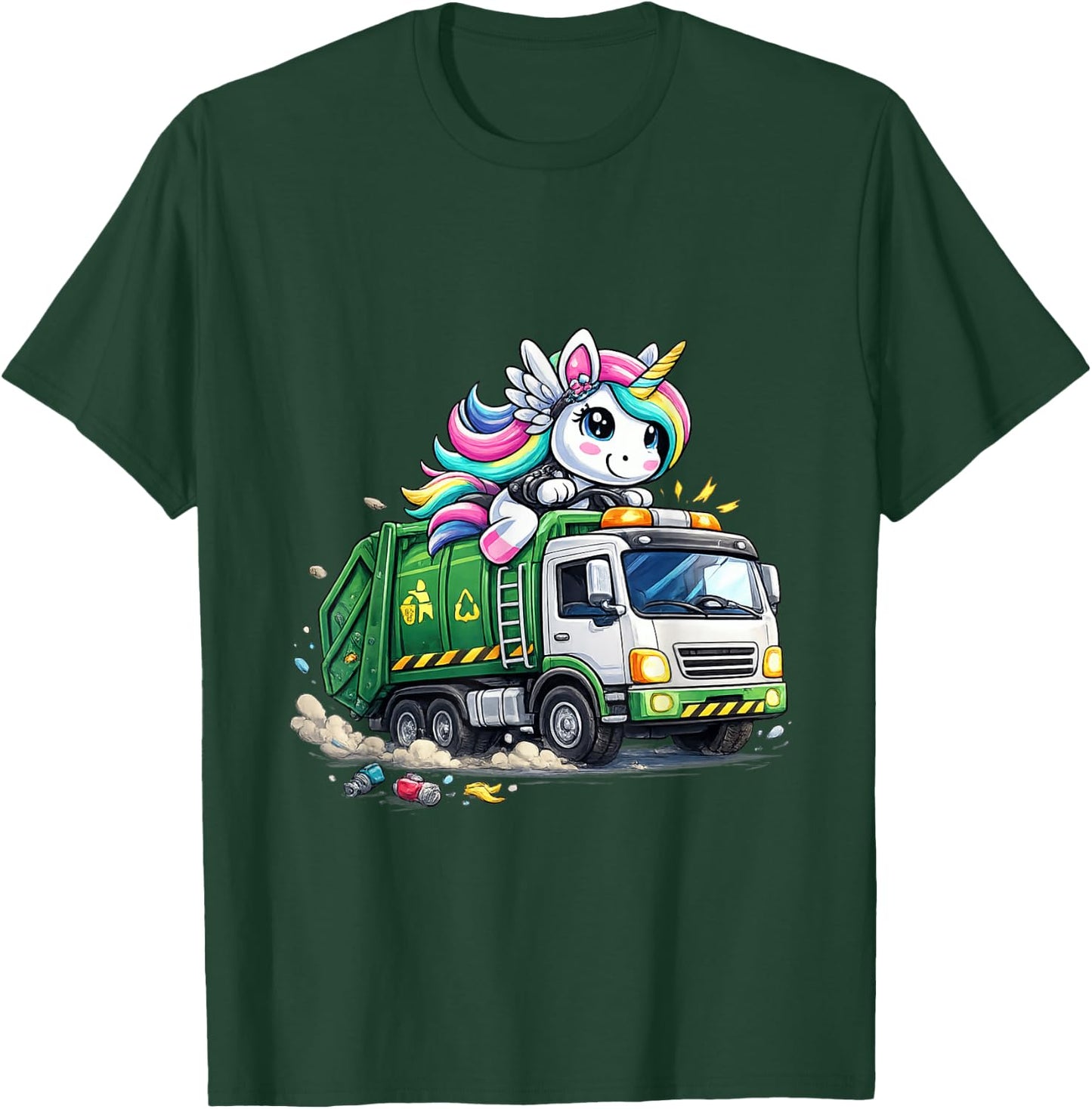 Unicorn Riding Garbage Truck Funny Rainbow T-Shirt - T-Shirt | Forest