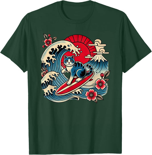 Pet Lover Mt. Fuji Sunset Japanese Wave Art Surfing Cat T-Shirt - T-Shirt | Forest