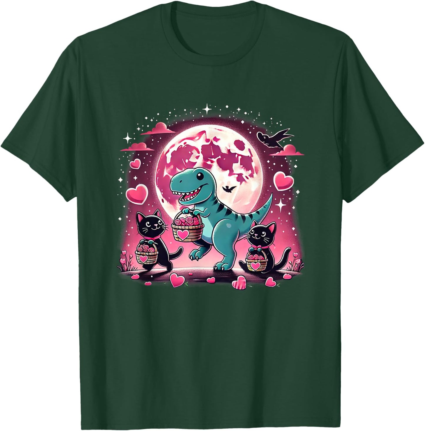 Funny Cats and Dino Valentine’s T-Rex Hearts T-Shirt - T-Shirt | Forest