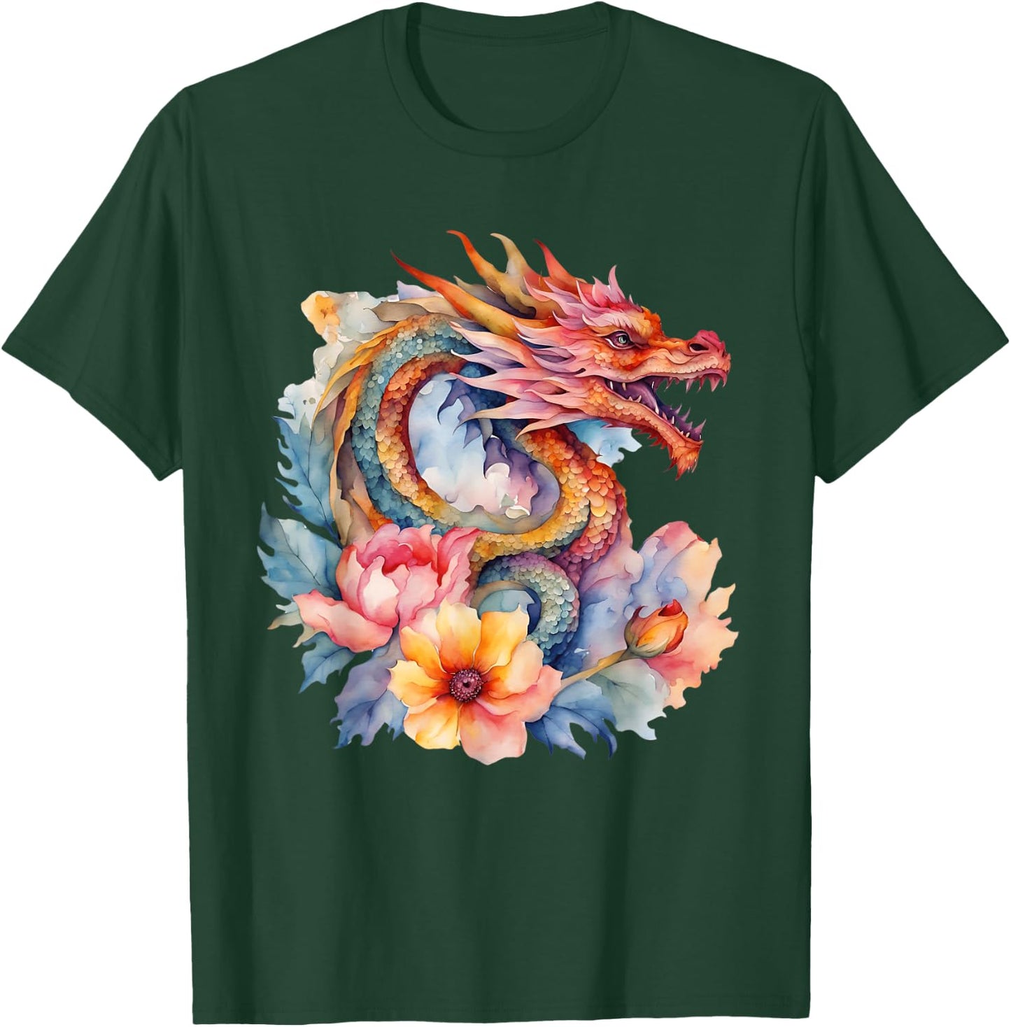 Watercolor Dragon Flowers Beautiful Art Colorful Graphic T-Shirt - T-Shirt | Forest