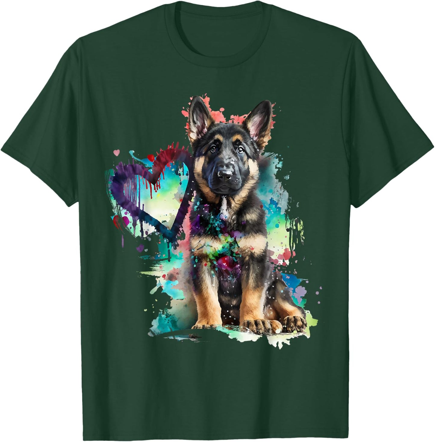 German Shepherd Puppy Mom Lover Watercolor Painting Heart T-Shirt - T-Shirt | Forest