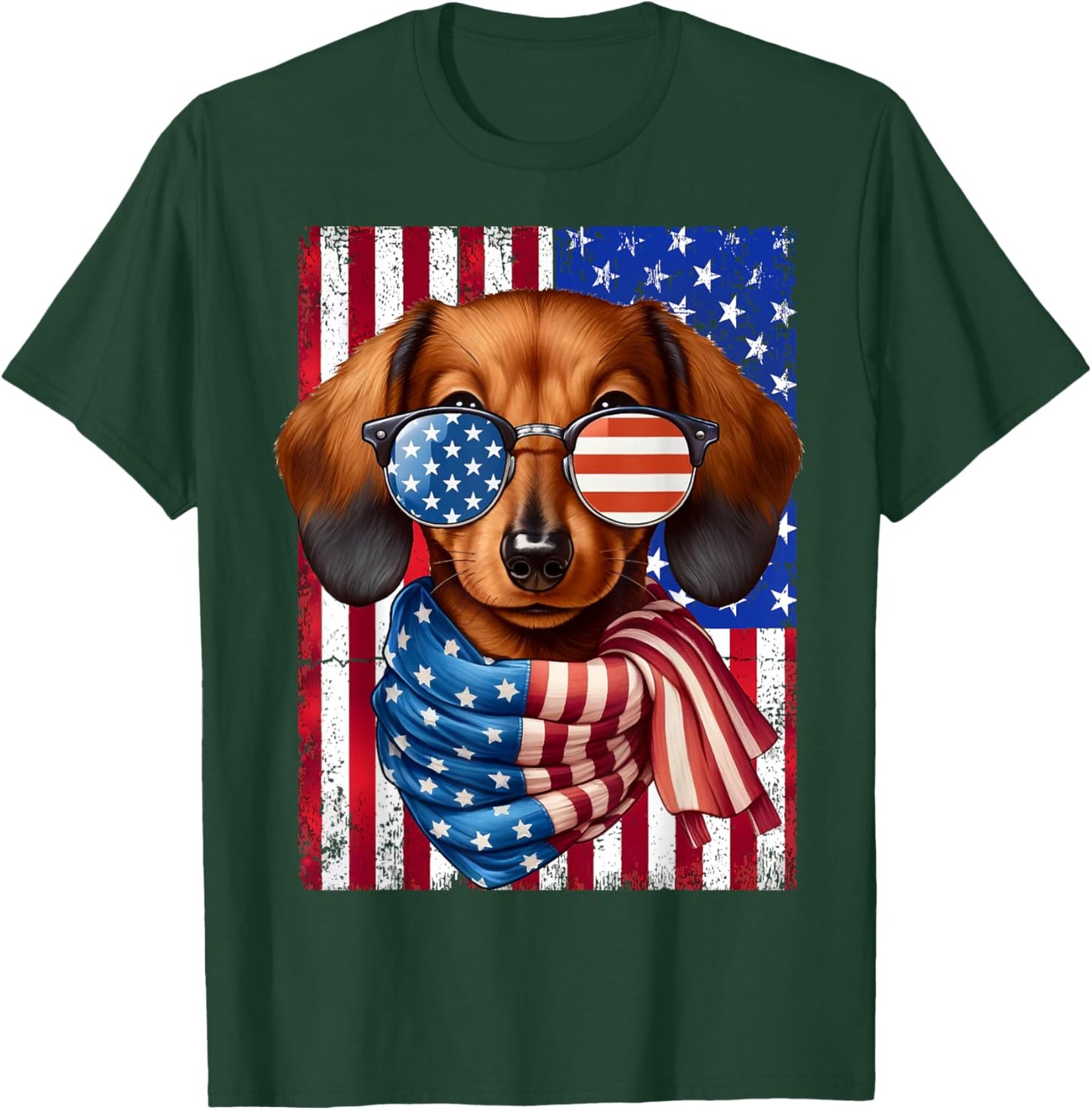 Dachshund Dog USA Flag Sunglasses Patriotic 4th of July Men Women T-Shirt - T-Shirt | Forest