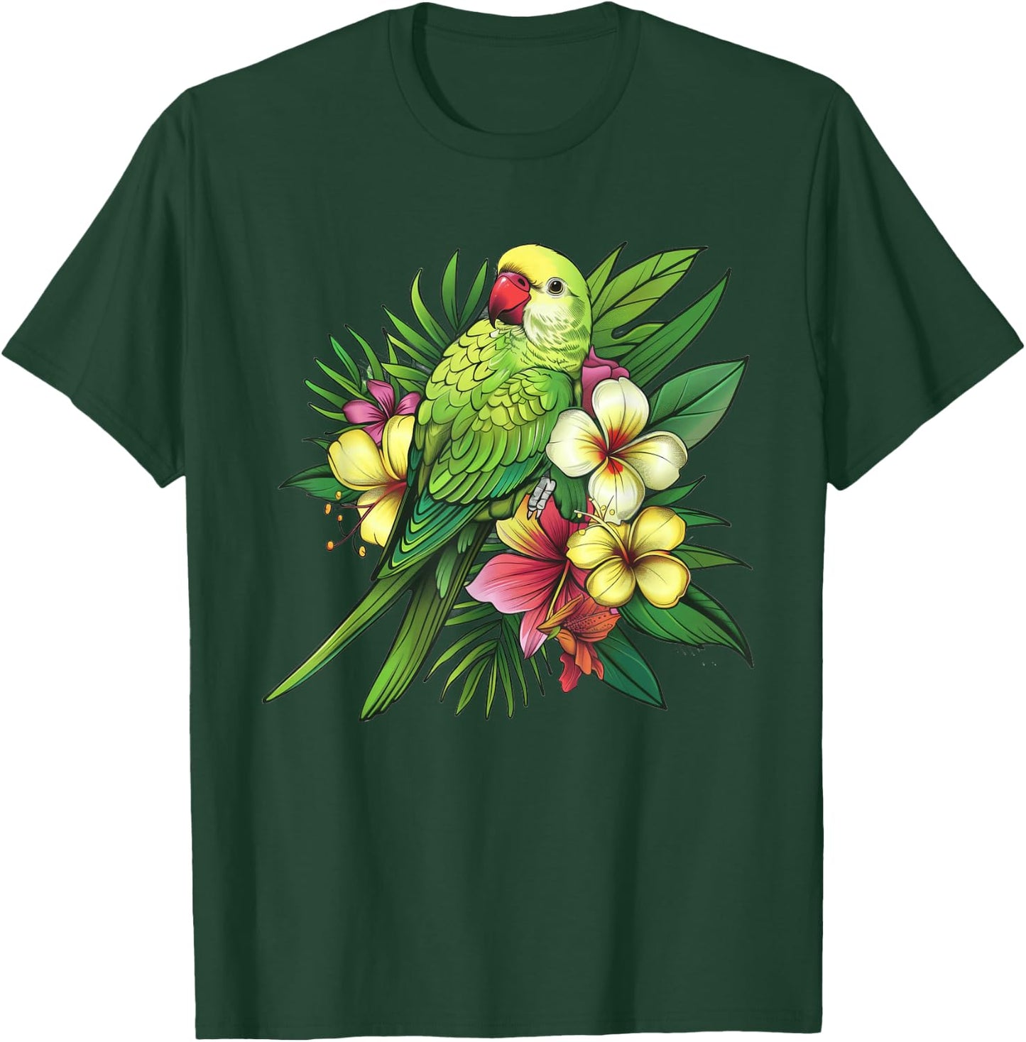 Monk Parakeet With Tropical Flowers T-Shirt - T-Shirt | Forest