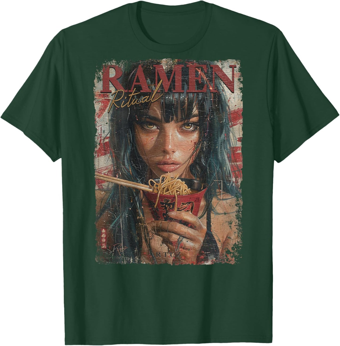 Backprint Pin-up Girl Ramen Noodle Anime Manga Asian Ramen , black T-Shirt - T-Shirt | Forest