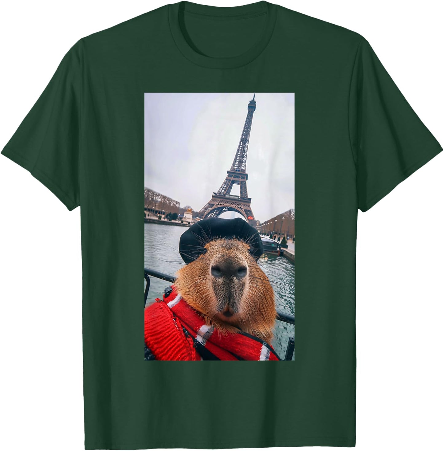 Funny Capybara Selfie Paris Eiffel Tower Fashion Men Women T-Shirt - T-Shirt | Forest