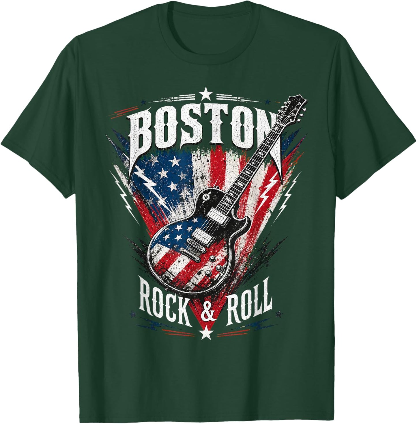 Boston Electric Guitar USA Flag Rock Music Design T-Shirt - T-Shirt | Forest