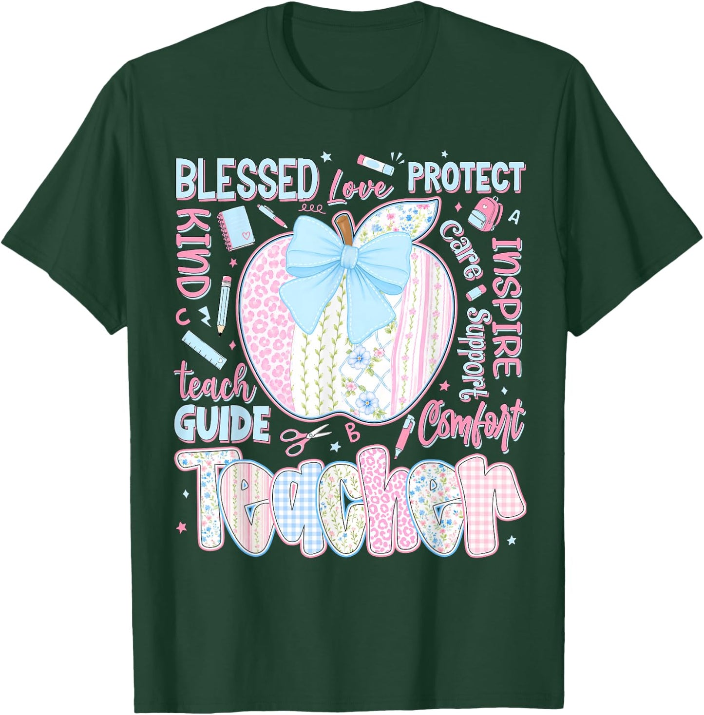 Back to School Teacher Teach Love Inspire Coquette Bow Girls T-Shirt - T-Shirt | Forest