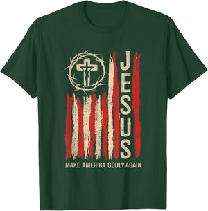 Jesus Make America Godly Again Patriotic Christian USA Flag T-Shirt - T-Shirt | Forest
