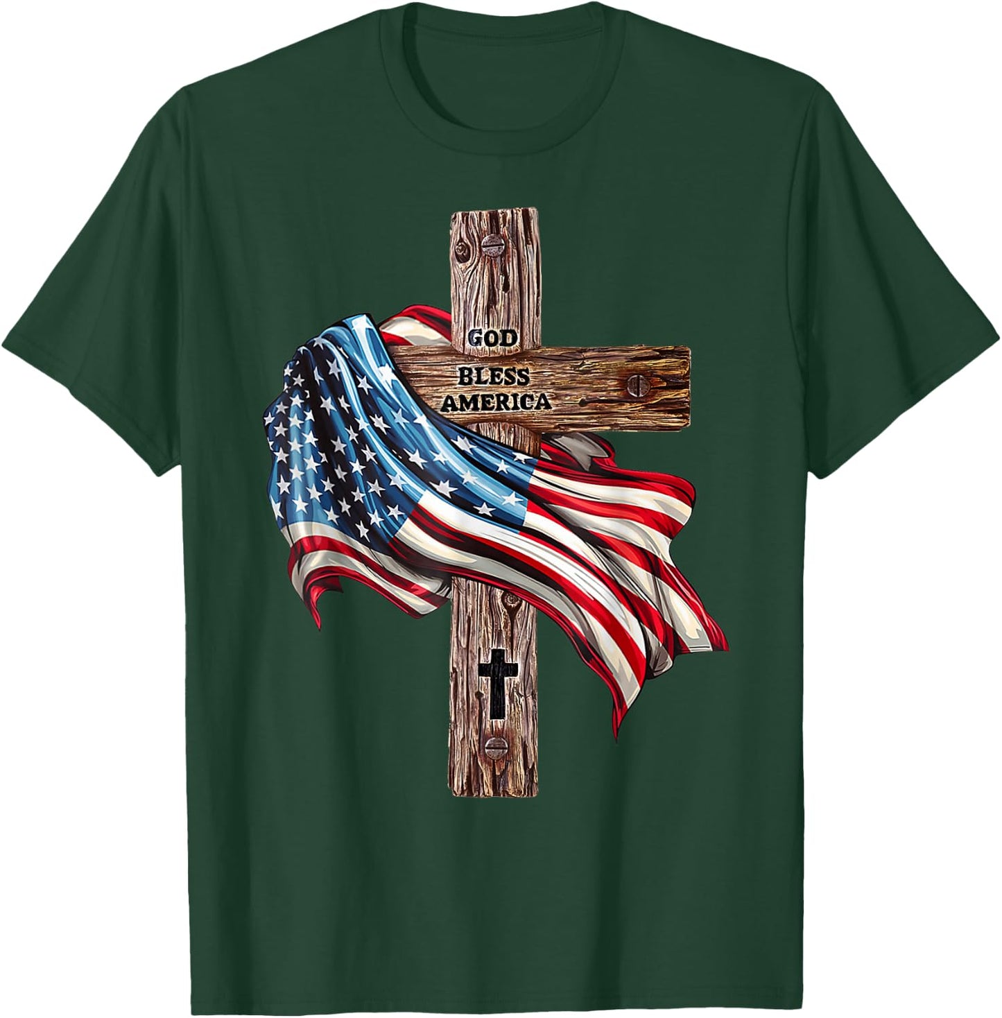 God Bless America Cross American Flag US Patriotic Christian T-Shirt - T-Shirt | Forest
