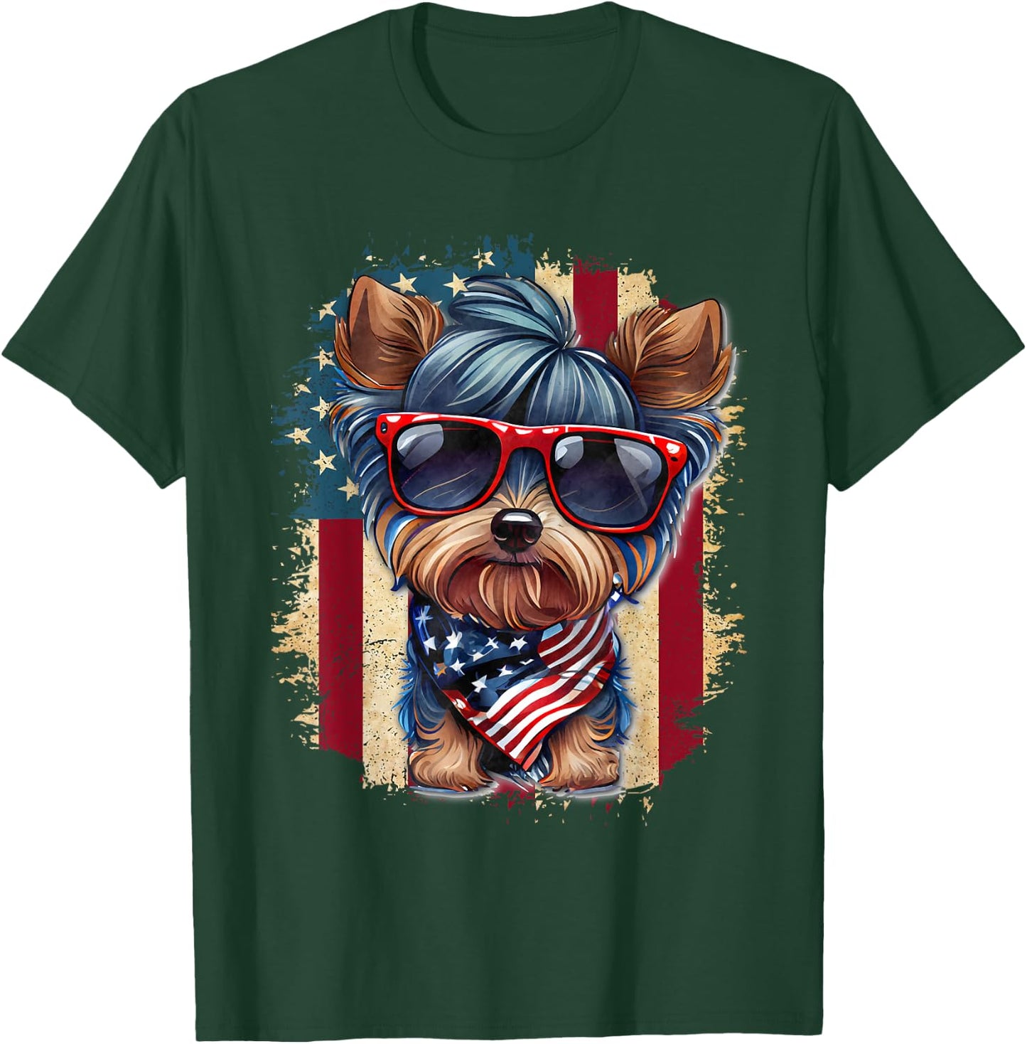 Cute Yorkie Dog Lover July 4th USA Flag Patriotic Merica T-Shirt - T-Shirt | Forest
