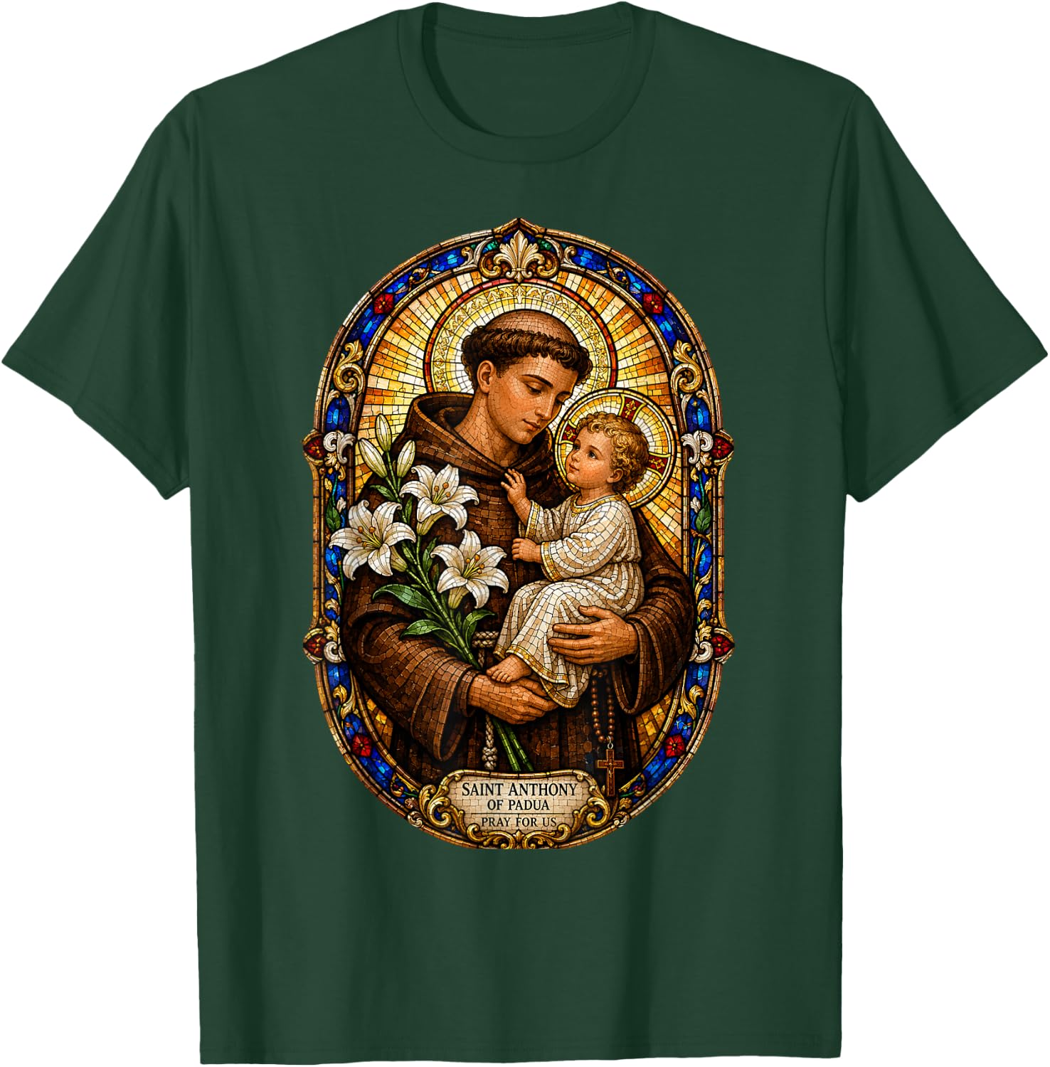 Saint Anthony of Padua Pray for Us Sacred Mosaic Art Faith T-Shirt - T-Shirt | Forest