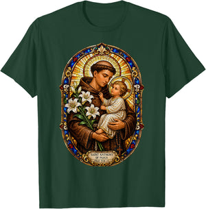 Saint Anthony of Padua Pray for Us Sacred Mosaic Art Faith T-Shirt - T-Shirt | Forest