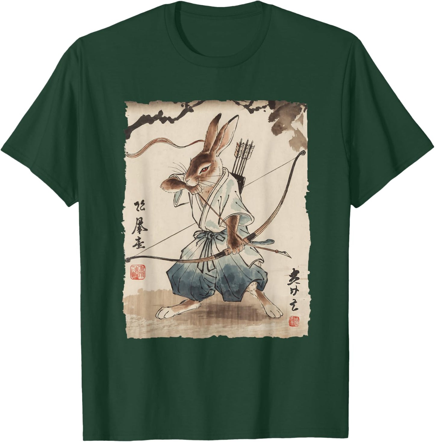 Rabbit Samurai Archer Japanese Ink Art Women Kids T-Shirt - T-Shirt | Forest