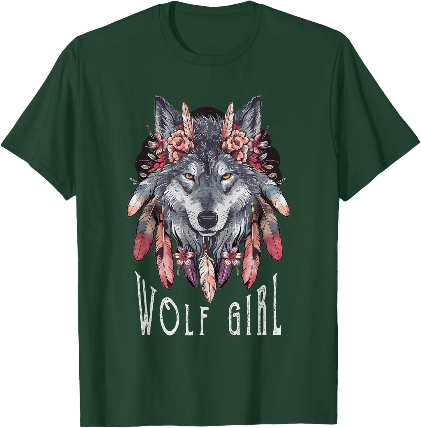 Wolf Girl Loves Wolves Women Children Feathers Floral Wolf , black T-Shirt - T-Shirt | Forest