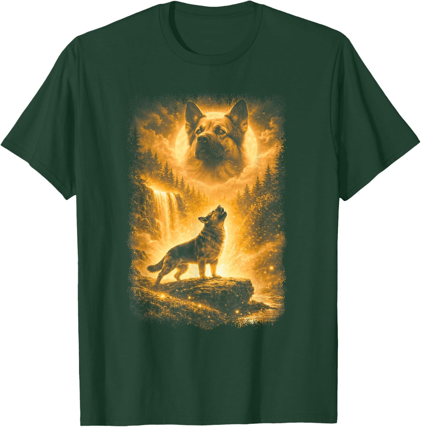 German Shepherd Howling to Moon | German Shepherd Graphic T-Shirt - T-Shirt | Forest