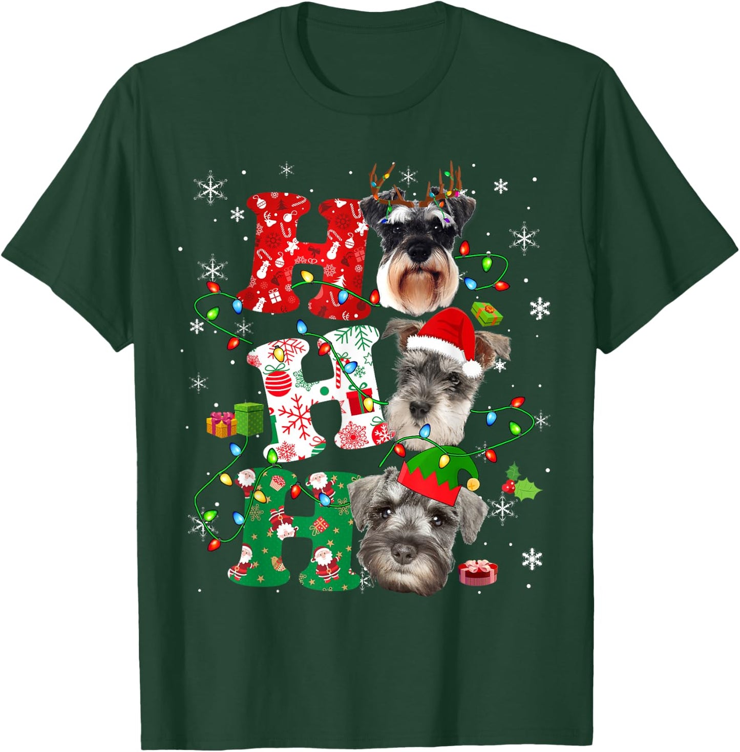 Ho3 Christmas Lights Santa Elf Reindeer Schnauzer T-Shirt - T-Shirt | Forest