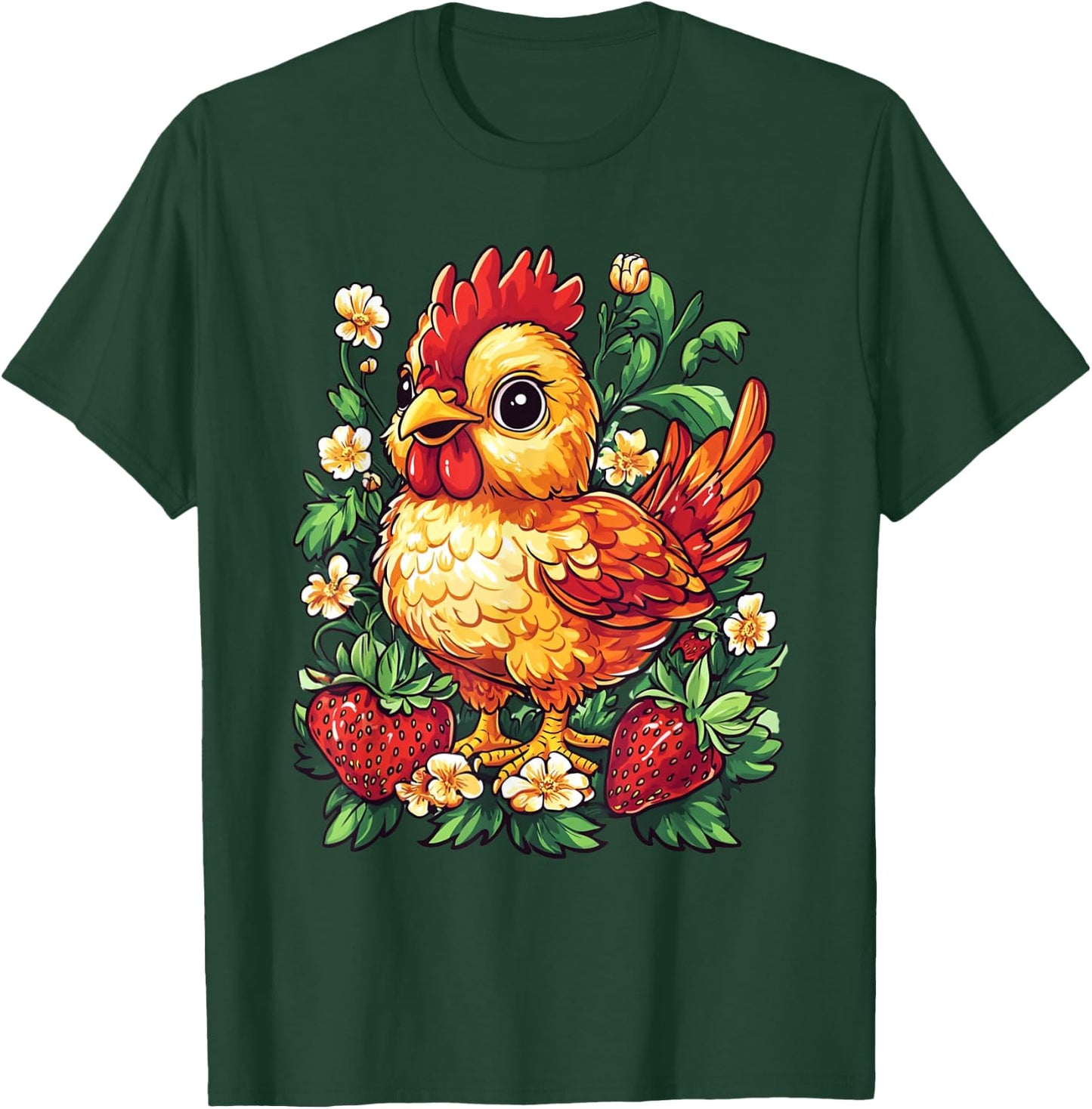 Chicken Strawberries and Flowers Graphic Cute Chicken T-Shirt - T-Shirt | Forest