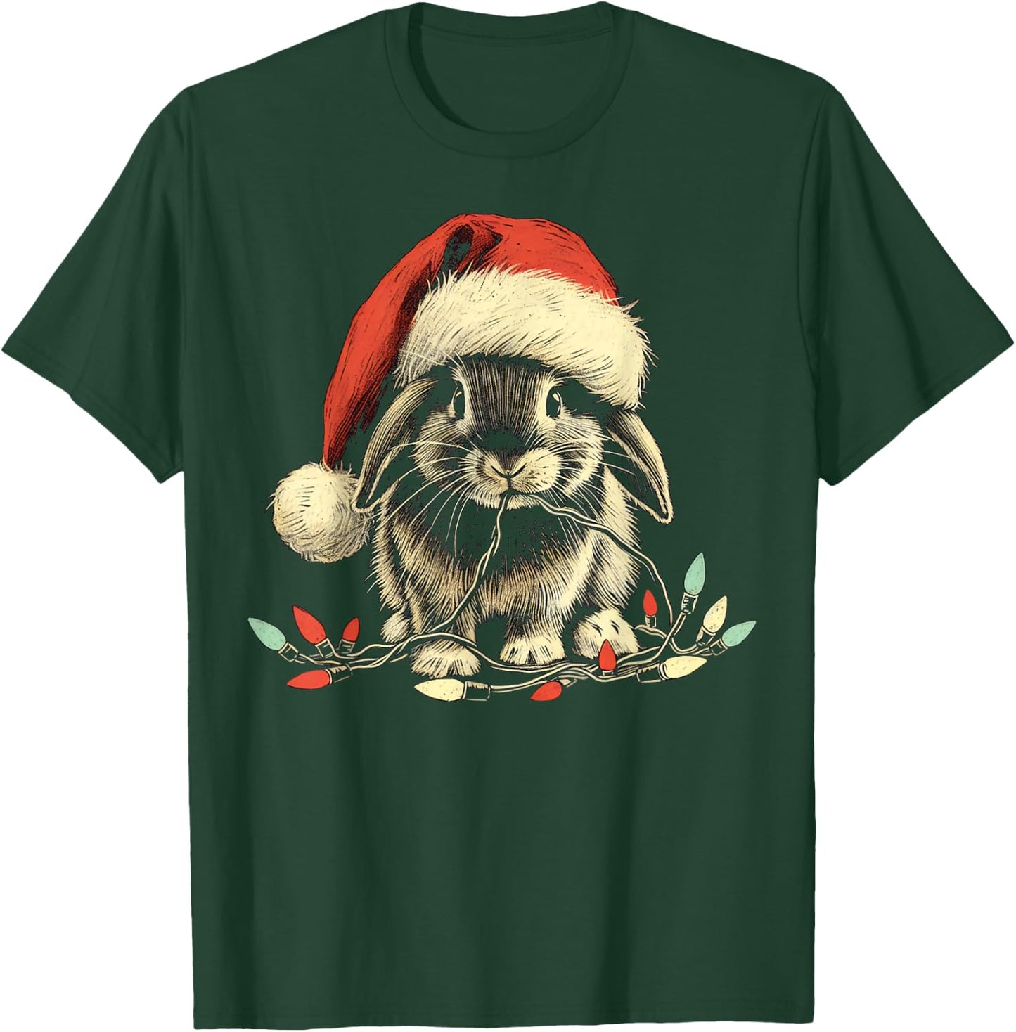 Holland Lop Rabbit Bunny Chew Christmas Light Xmas Holiday T-Shirt - T-Shirt | Forest