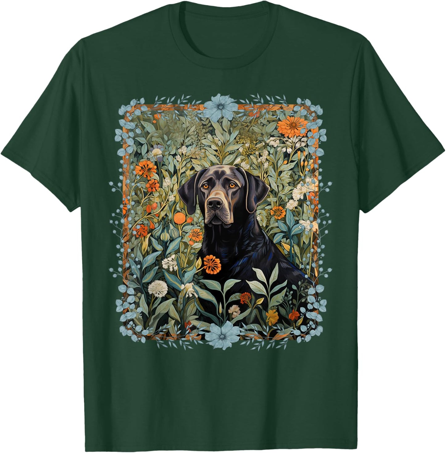 Black Labrador Retriever in William Morris Style Garden T-Shirt - T-Shirt | Forest