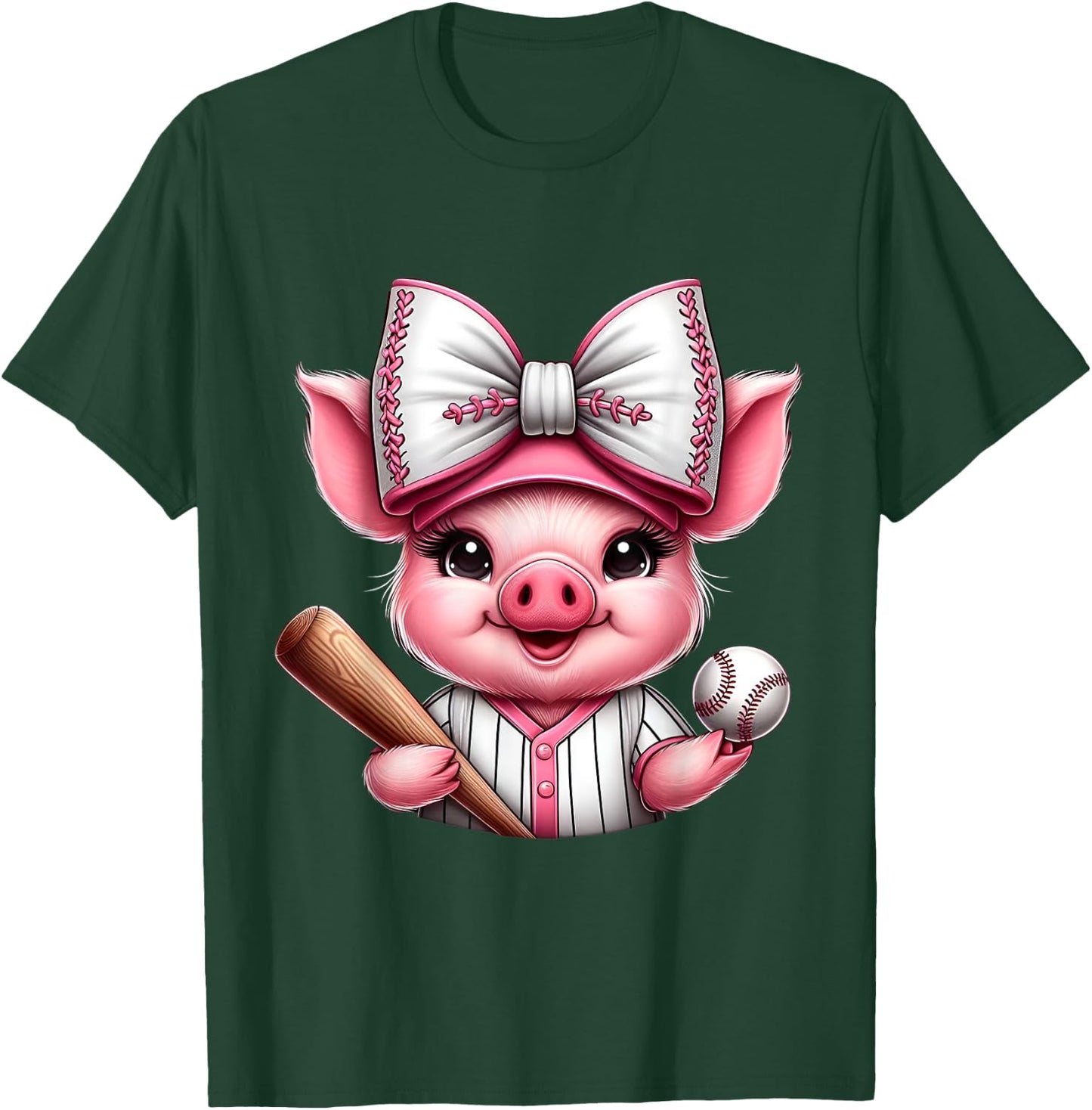 Cute Pig Baseball Coquette Bow Pig Baseball Player T-Shirt - T-Shirt | Forest