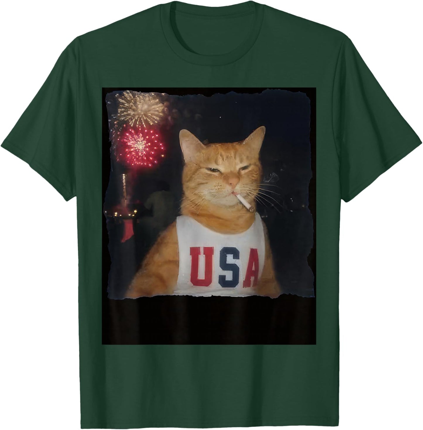 Funny Patriotic Orange Cat Fireworks 4th of July USA Flag T-Shirt - T-Shirt | Forest