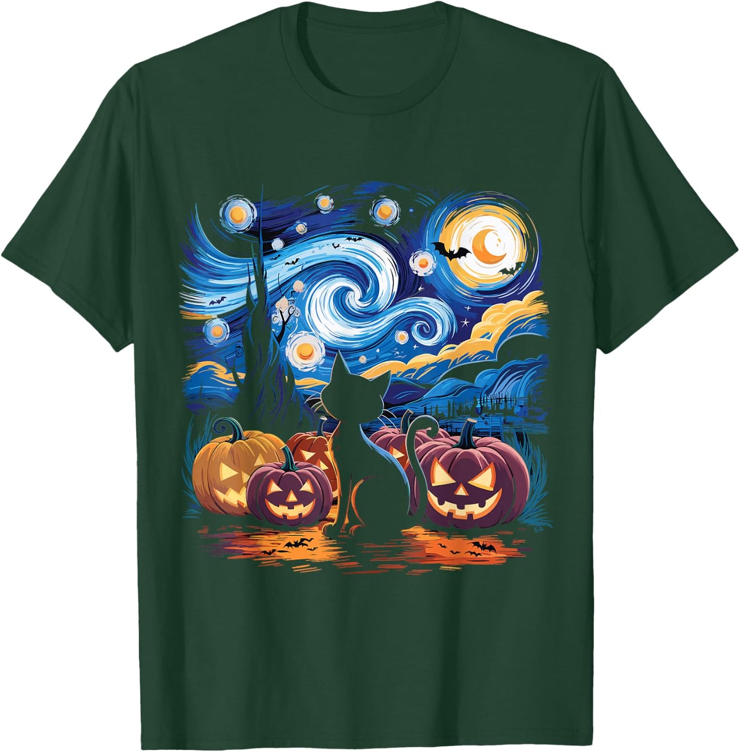 Halloween Van Gogh Starry Night Black Cat Pumpkin Shirt Men Women Kids T-Shirt - T-Shirt | Forest