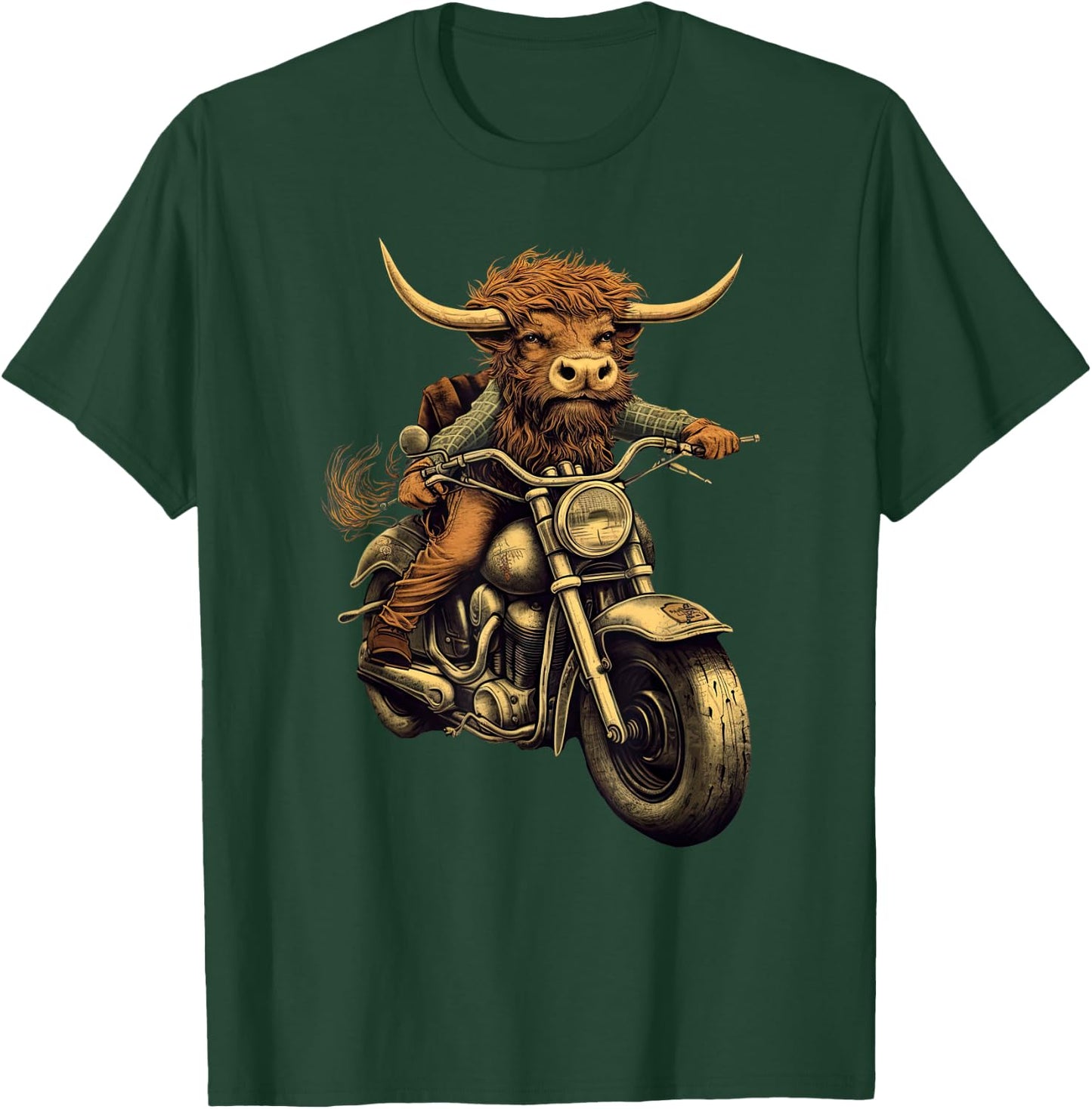 Scottish Highland Cow Cattle Hairy Cow Rides motorcycle men T-Shirt - T-Shirt | Forest