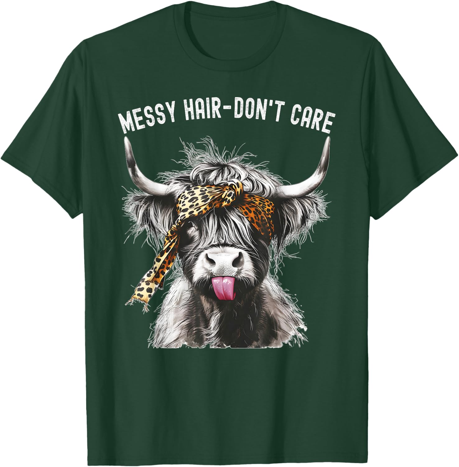 Highland Cow Leopard Print Messy Hair Don't Care Western T-Shirt - T-Shirt | Forest