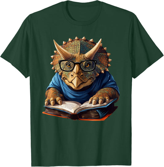 Triceratops Dinosaur Reading Book Nerd T-Shirt - T-Shirt | Forest