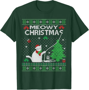 Funny Meowy Christmas Cats Xmas Cute Cat Lover Ugly Sweater Men Women Kids T-Shirt - T-Shirt | Forest
